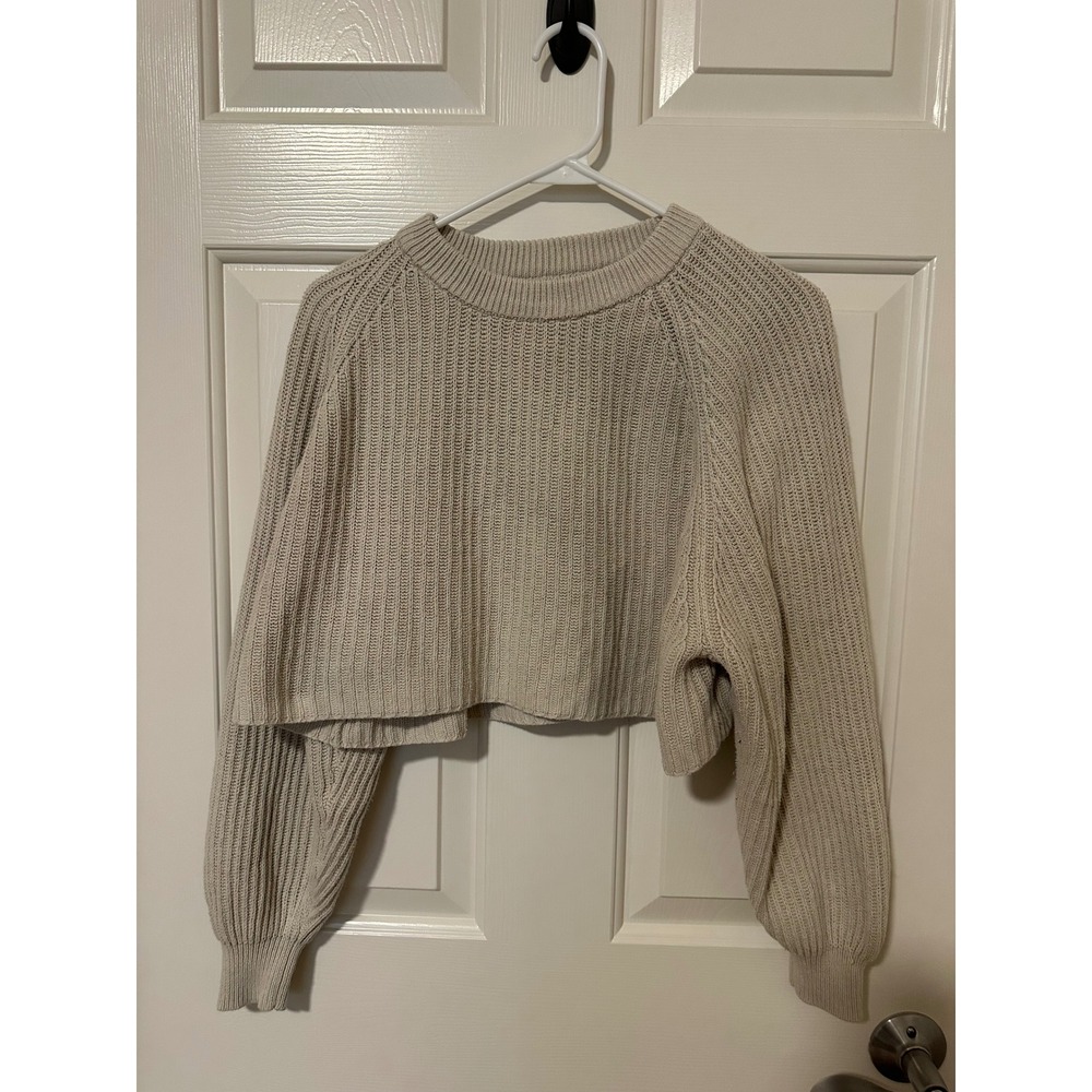 Aeropostale Sweater Women M Beige Cropped Ribbed Knit Raglan Sleeve Crew Neck